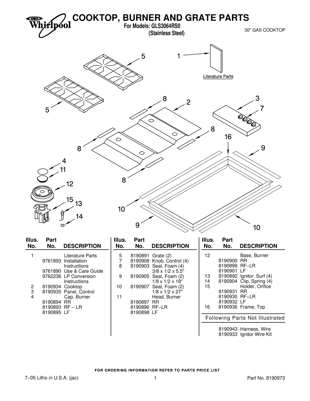 Whirlpool GLS3064RS0 installation instructions COOKTOP, Burner and Grate Parts, Illus. Part No. No. Description 