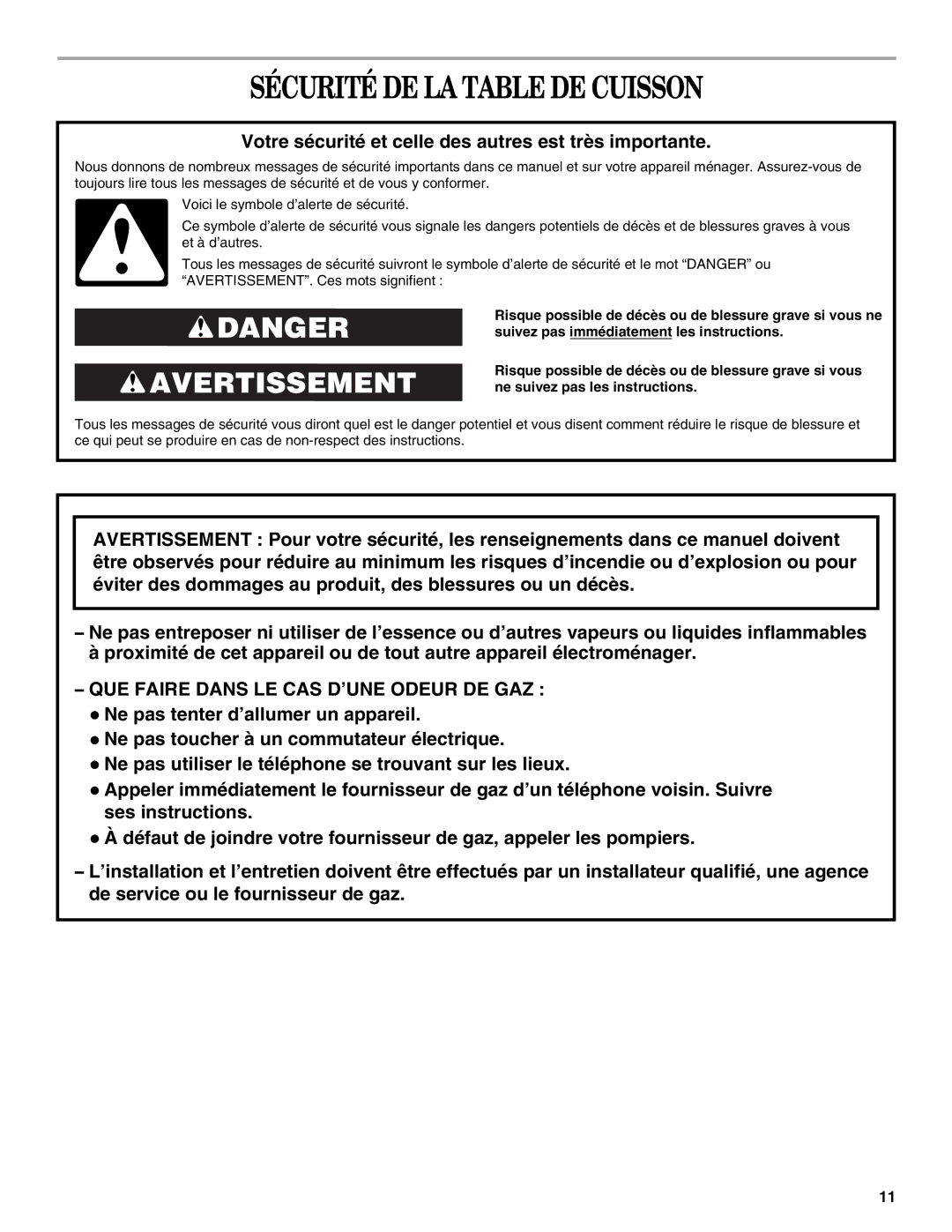 Whirlpool GLS3064RS01 manual Sécurité DE LA Table DE Cuisson, Votre sécurité et celle des autres est très importante 