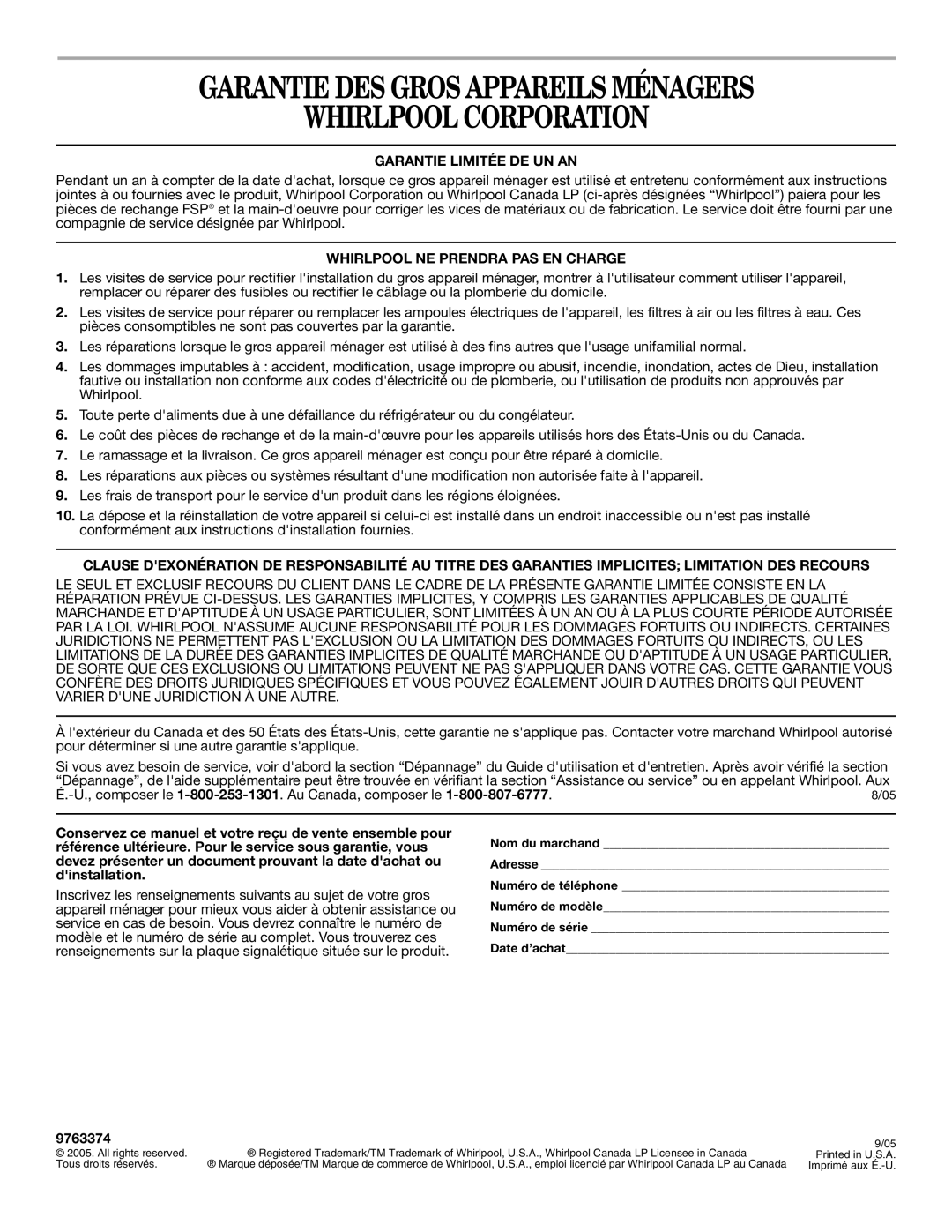 Whirlpool GLS3064RS01 manual Garantie DES Gros Appareils Ménagers Whirlpool Corporation, Garantie Limitée DE UN AN, 9763374 