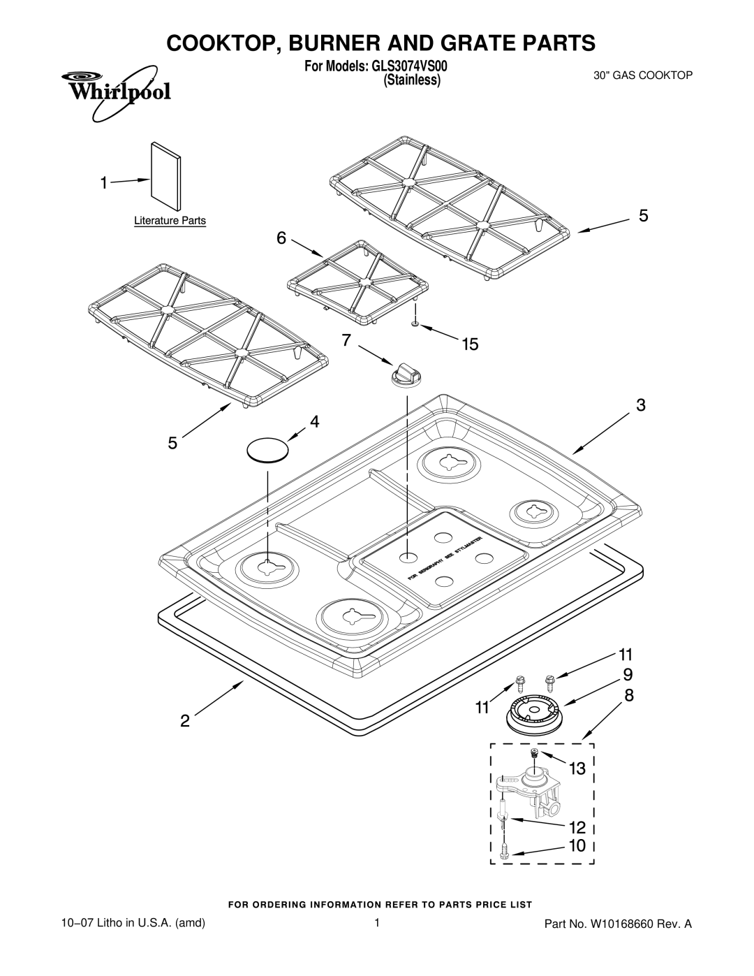 Whirlpool GLS3074VS00 manual COOKTOP, Burner and Grate Parts 