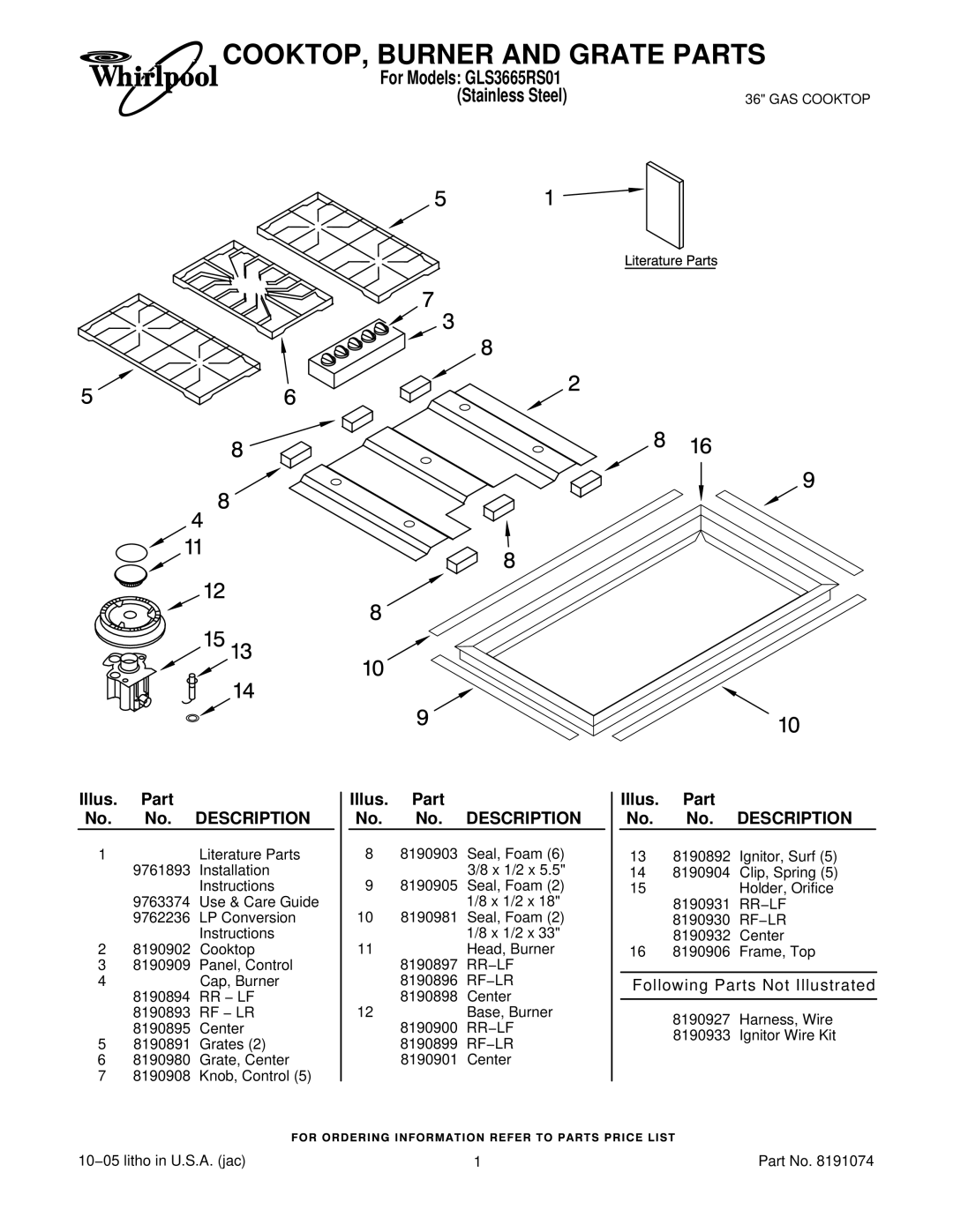 Whirlpool GLS3665R installation instructions COOKTOP, Burner and Grate Parts, Illus. Part No. No. Description 