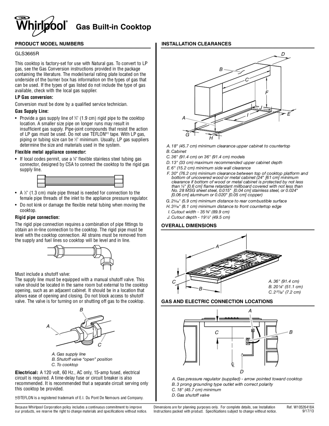 Whirlpool GLS3665R dimensions Gas Built-in Cooktop, Product Model Numbers, Installation Clearances, Overall Dimensions 