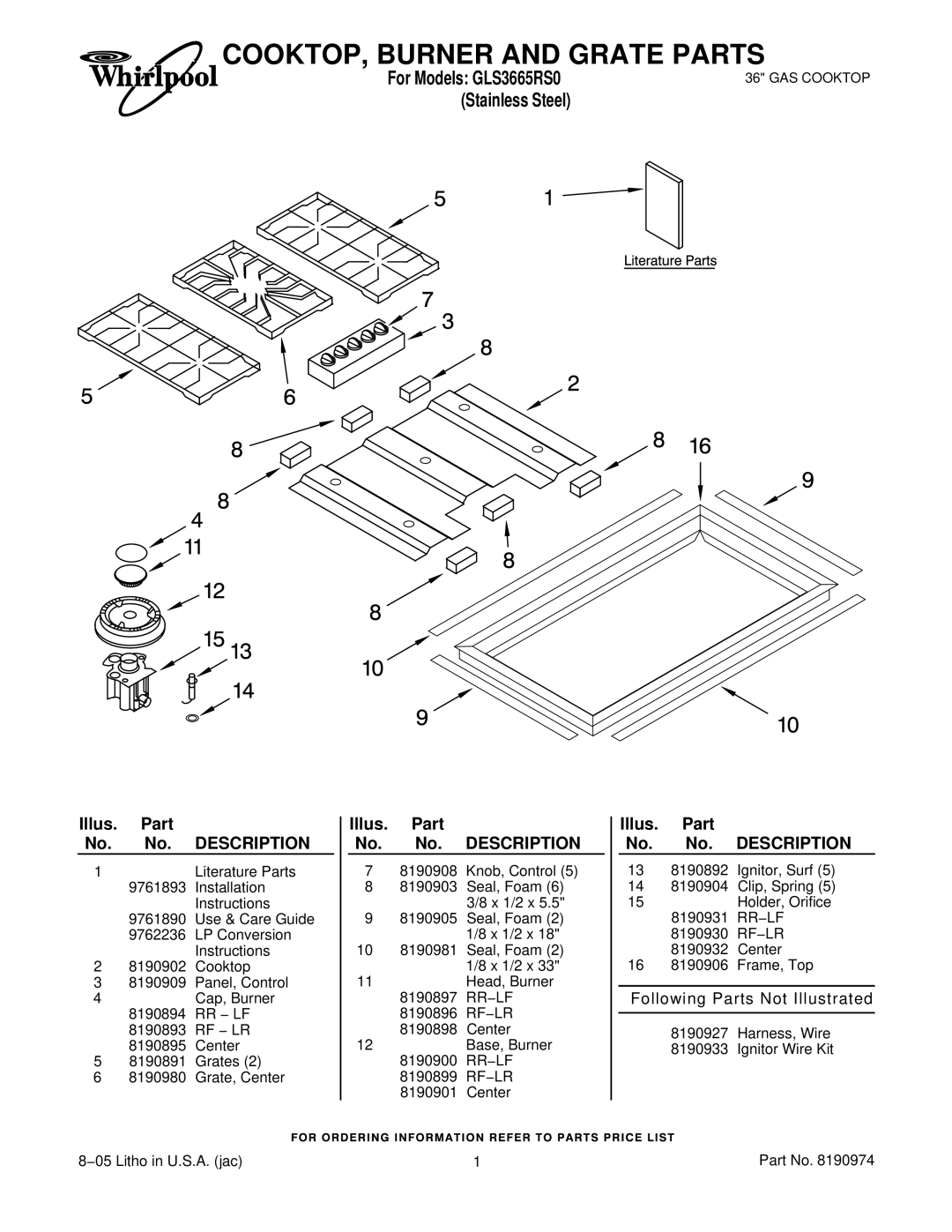 Whirlpool GLS3665RS0 installation instructions COOKTOP, Burner and Grate Parts, Illus. Part No. No. Description 