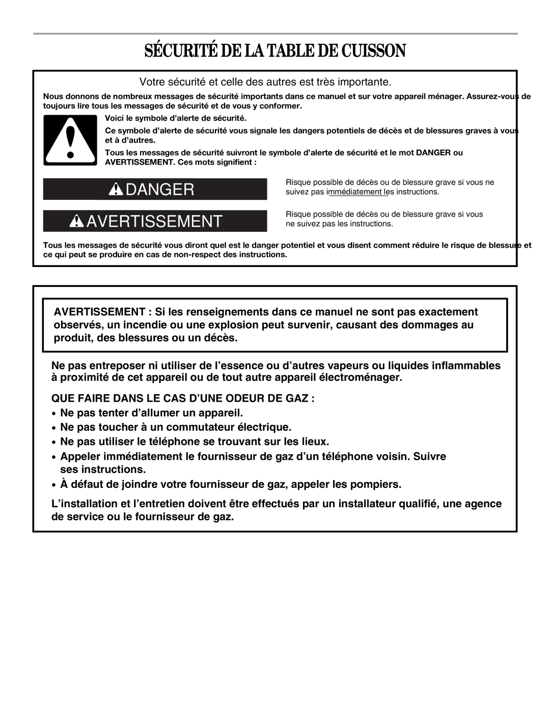 Whirlpool GLS3074, GLS3675 manual Sécurité DE LA Table DE Cuisson, Votre sécurité et celle des autres est très importante 