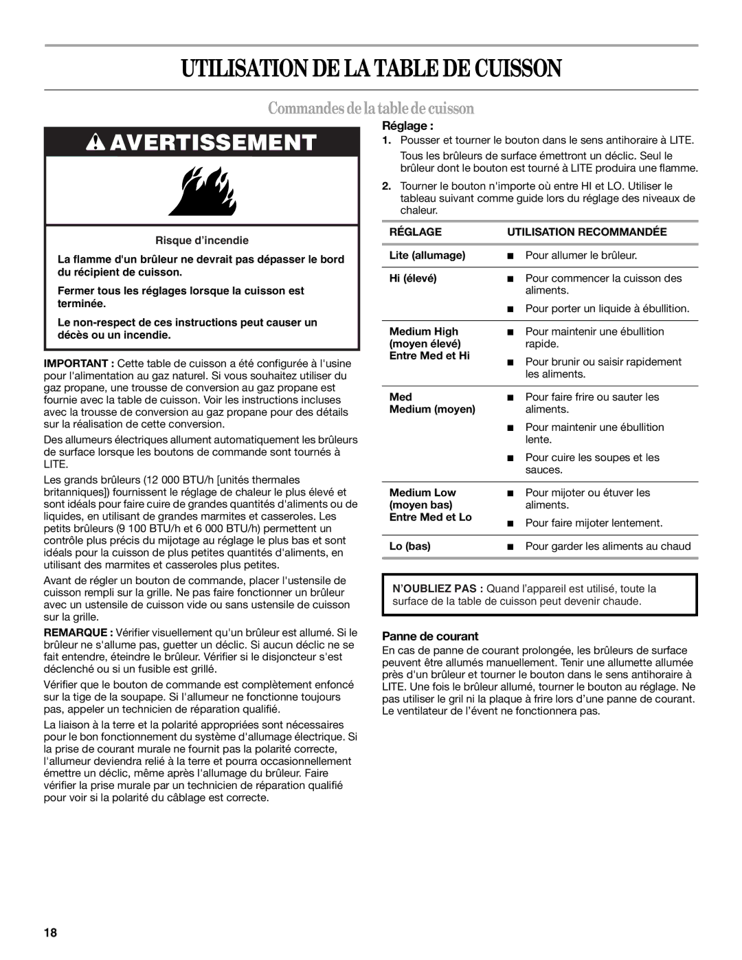 Whirlpool GLS3675, GLS3074 manual Utilisation DE LA Table DE Cuisson, Commandesdelatabledecuisson, Réglage, Panne de courant 