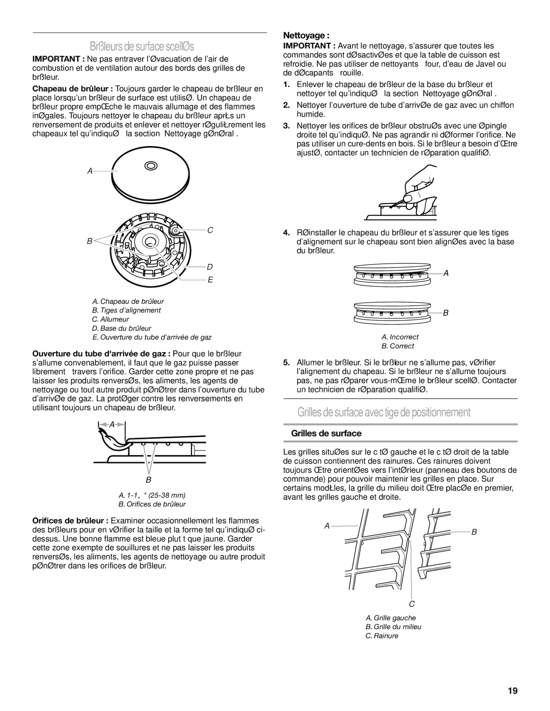 Whirlpool GLS3074 manual Brûleursdesurfacescellés, Grillesdesurfaceavectigedepositionnement, Nettoyage, Grilles de surface 