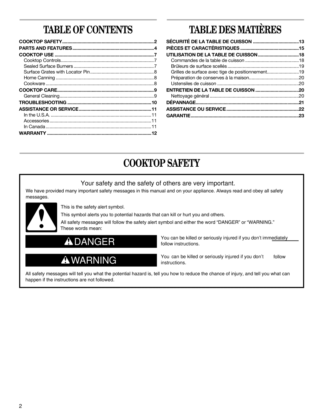 Whirlpool GLS3675, GLS3074 manual Cooktop Safety, Table of Contents 