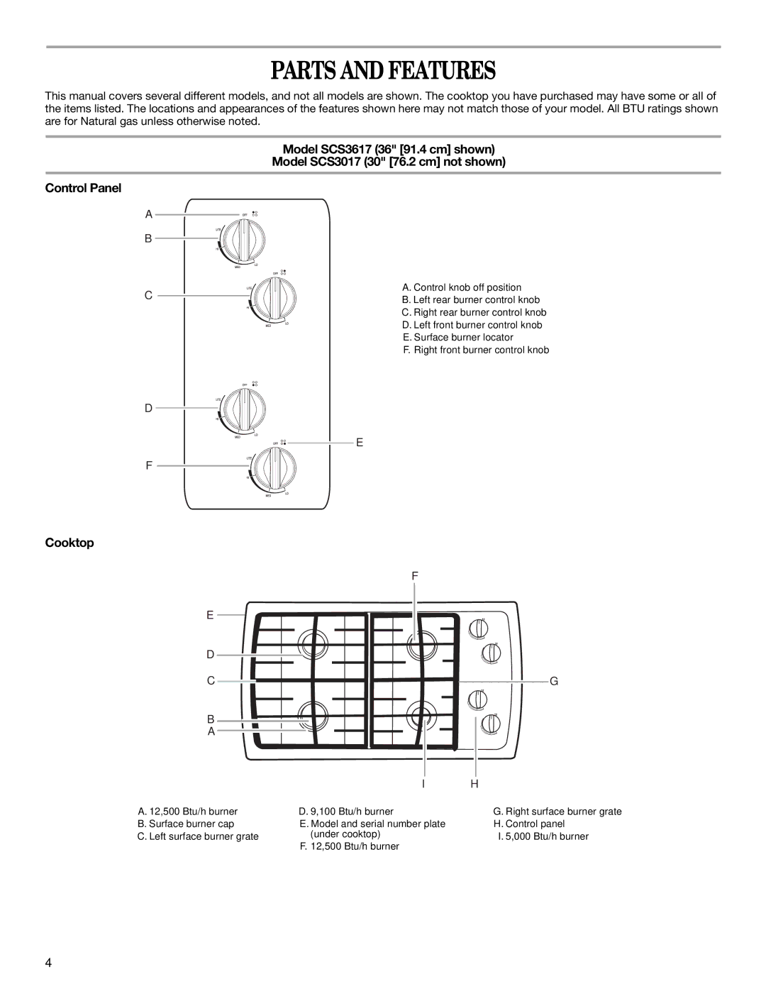 Whirlpool GLS3675, GLS3074 manual Parts and Features, Cooktop 