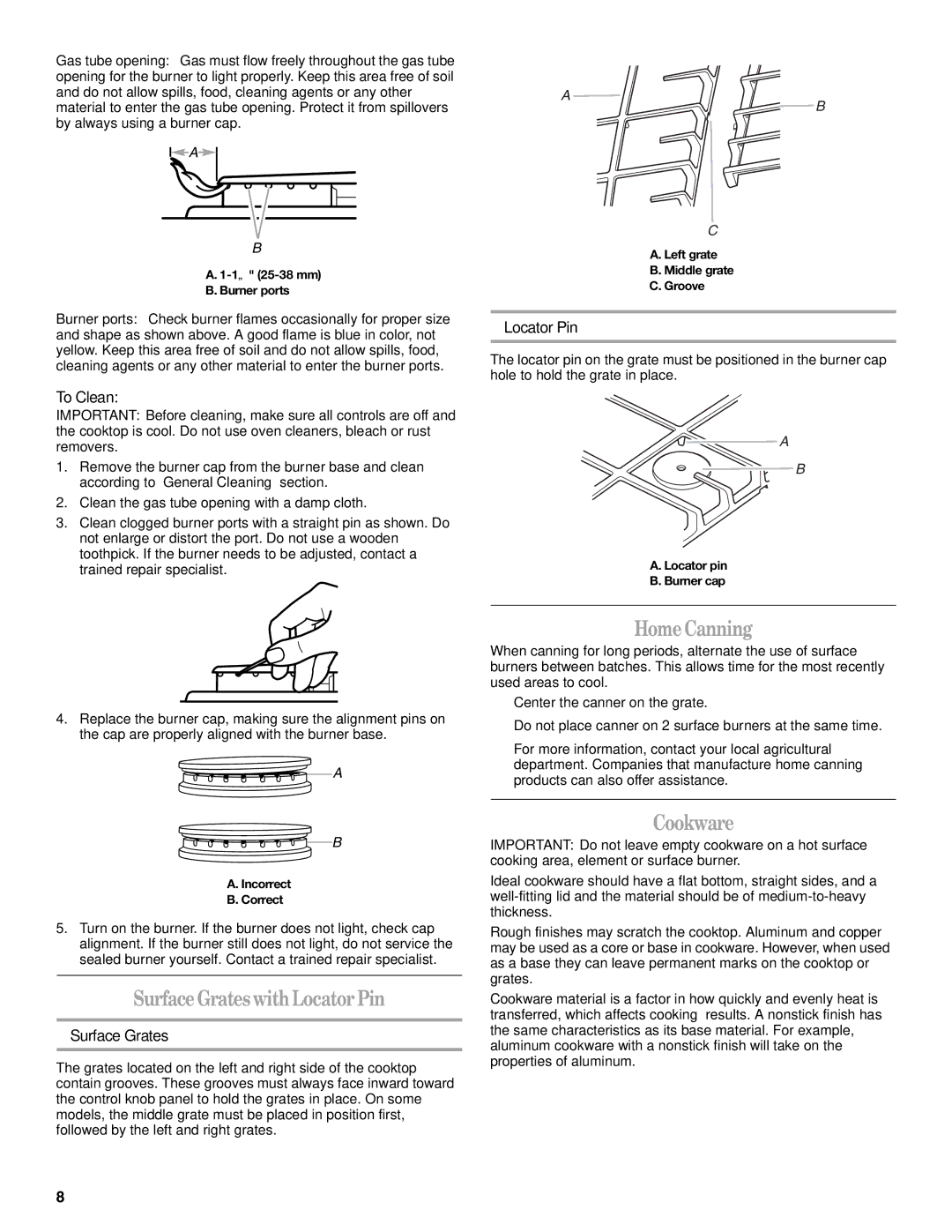 Whirlpool GLS3675, GLS3074 manual HomeCanning, SurfaceGrateswithLocatorPin, Cookware 