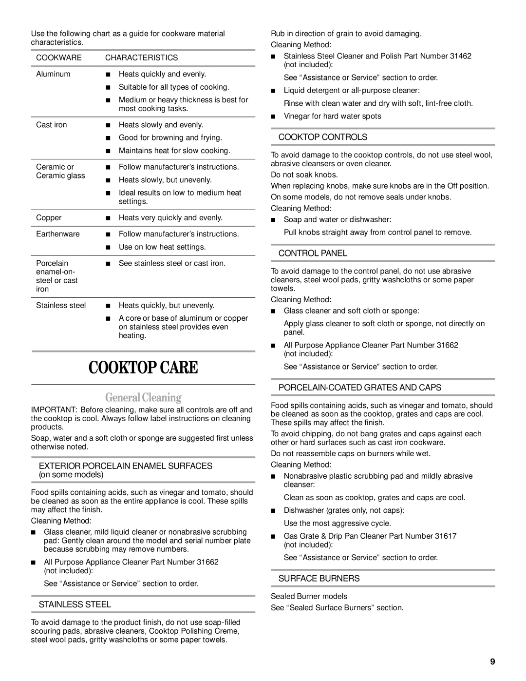 Whirlpool GLS3074, GLS3675 manual Cooktop Care, GeneralCleaning, Cookware Characteristics 