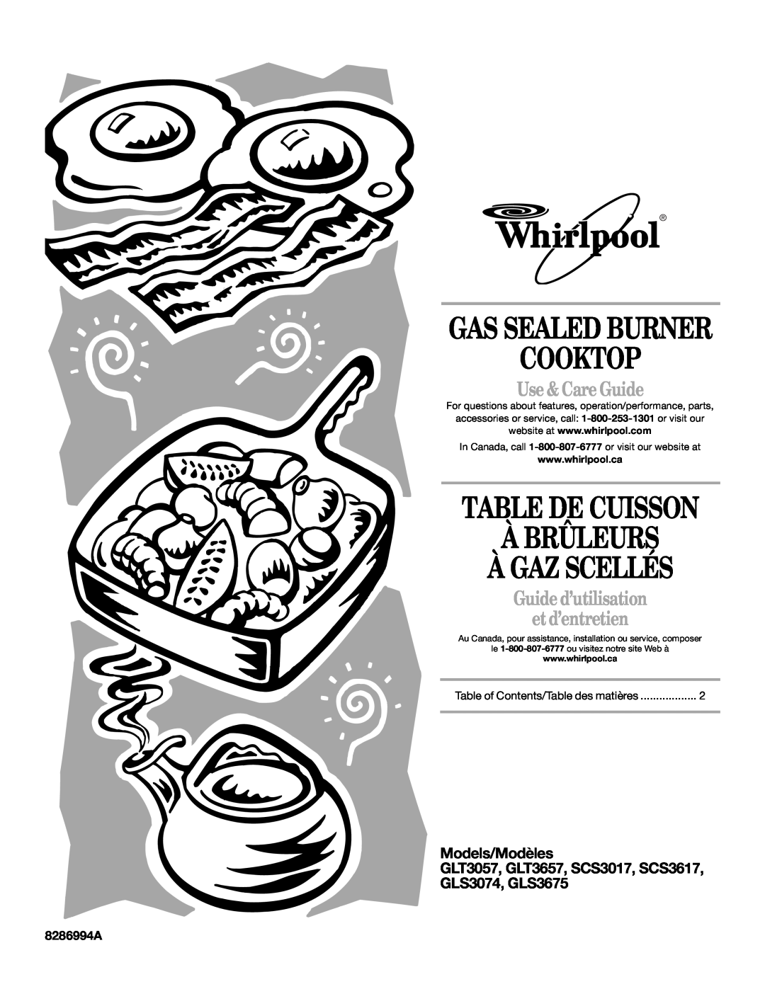 Whirlpool GLS3074 manual Cooktop, Table De Cuisson À Brûleurs À Gaz Scellés, Gas Sealed Burner, Use&CareGuide, 8286994A 