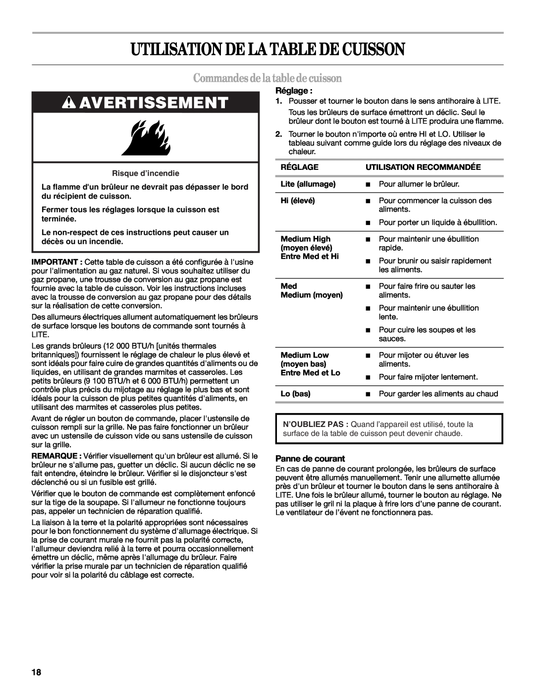 Whirlpool GLS3675, GLS3074 manual Utilisation De La Table De Cuisson, Avertissement, Commandesdelatabledecuisson, Réglage 