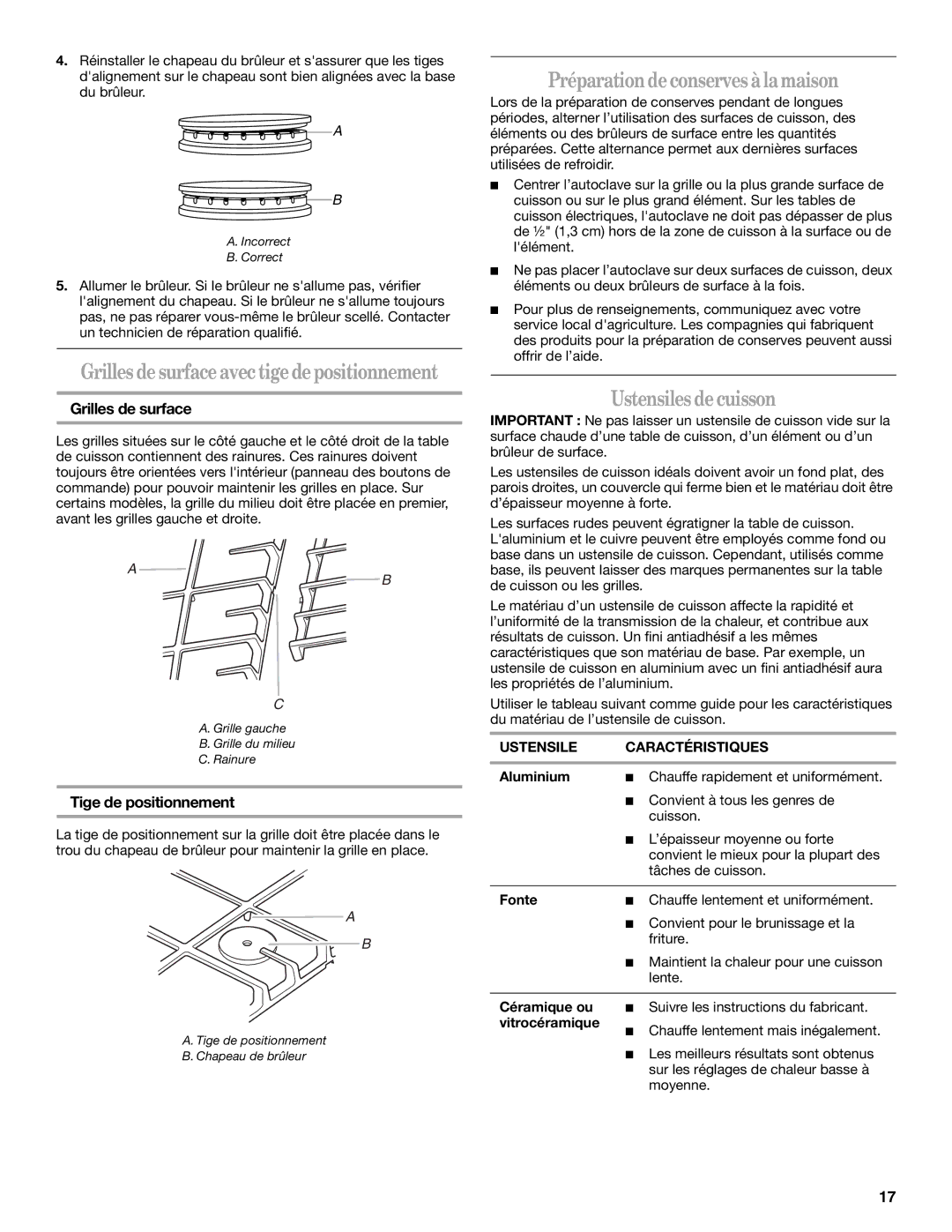 Whirlpool GLT3057 manual Grillesdesurfaceavectigedepositionnement, Préparationdeconserves àlamaison, Ustensiles decuisson 