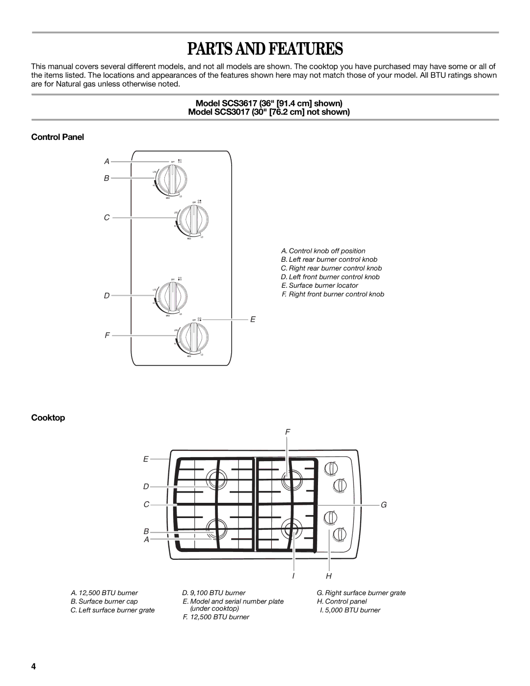 Whirlpool GLT3057RB manual Parts and Features, Cooktop 