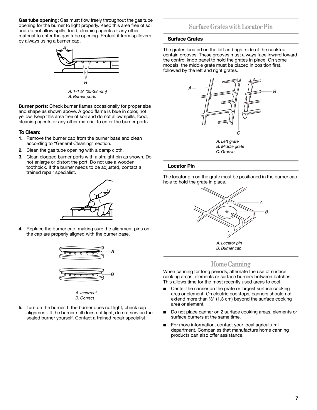 Whirlpool GLT3057RB manual SurfaceGrateswith LocatorPin, HomeCanning, To Clean, Surface Grates, Locator Pin 