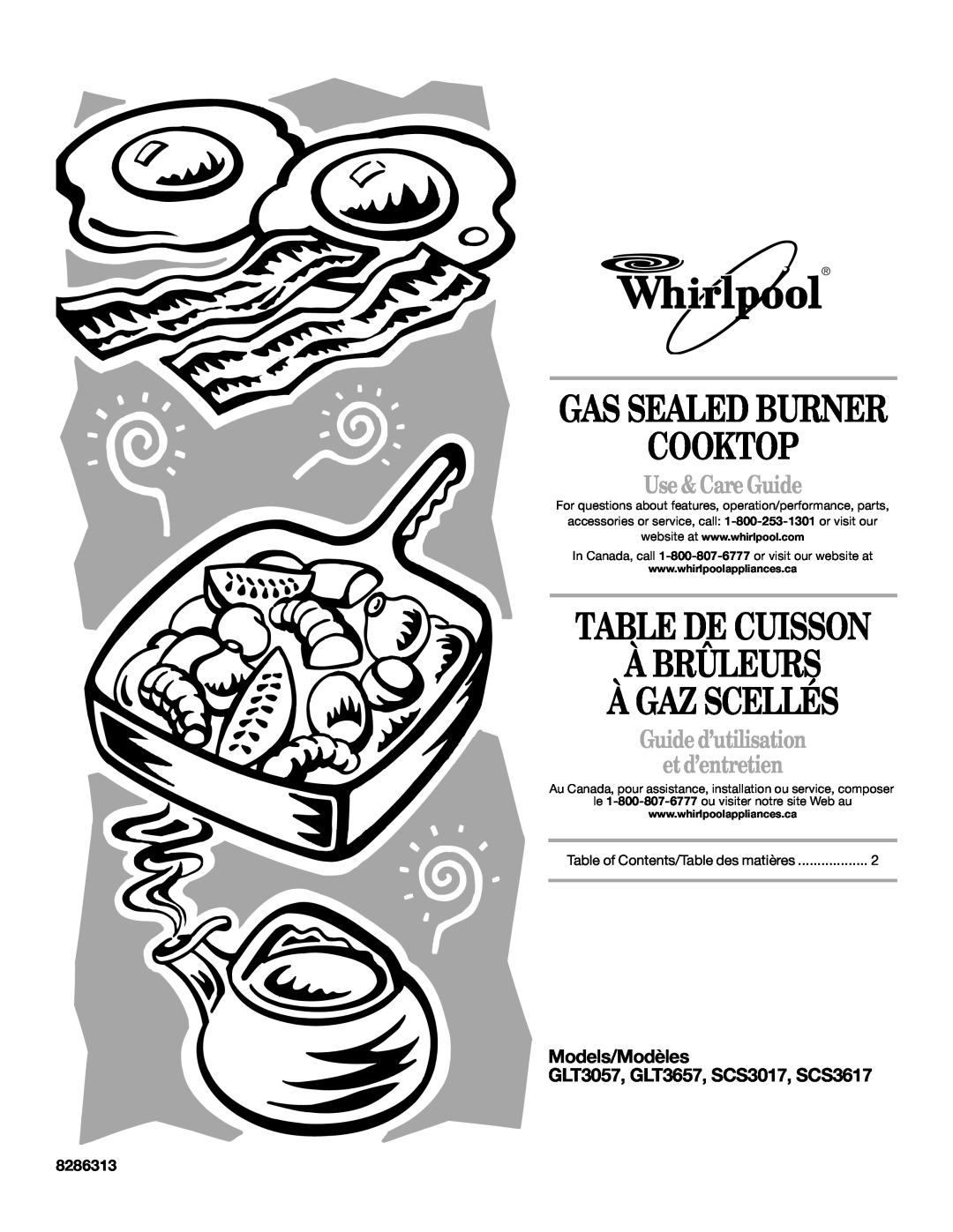 Whirlpool GLT3057 manual Cooktop, Table De Cuisson À Brûleurs À Gaz Scellés, Gas Sealed Burner, Use & Care Guide, 8286313 