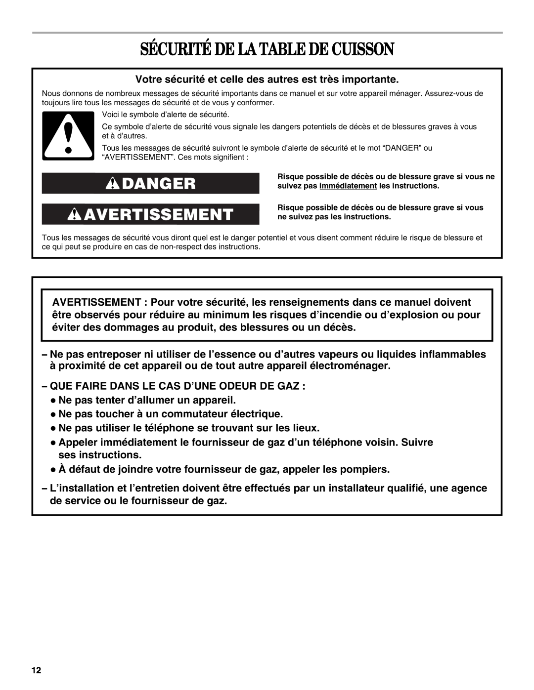 Whirlpool GLT3057RB manual Sécurité De La Table De Cuisson, Danger Avertissement 