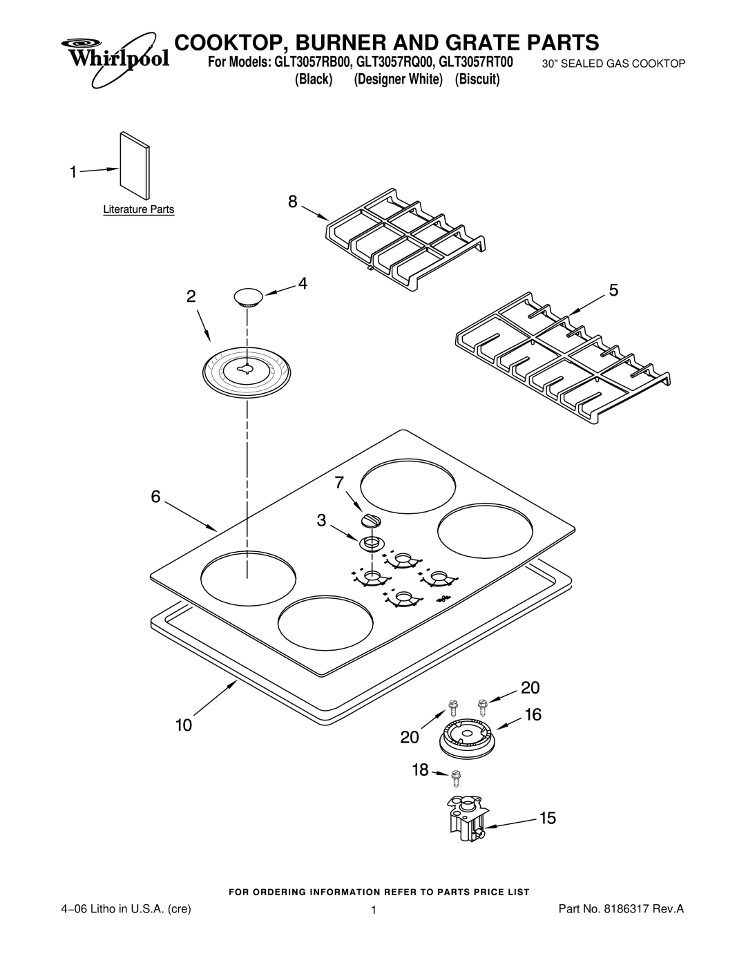 Whirlpool GLT3057RQ00, GLT3057RB00, GLT3057RT00 manual COOKTOP, Burner and Grate Parts 