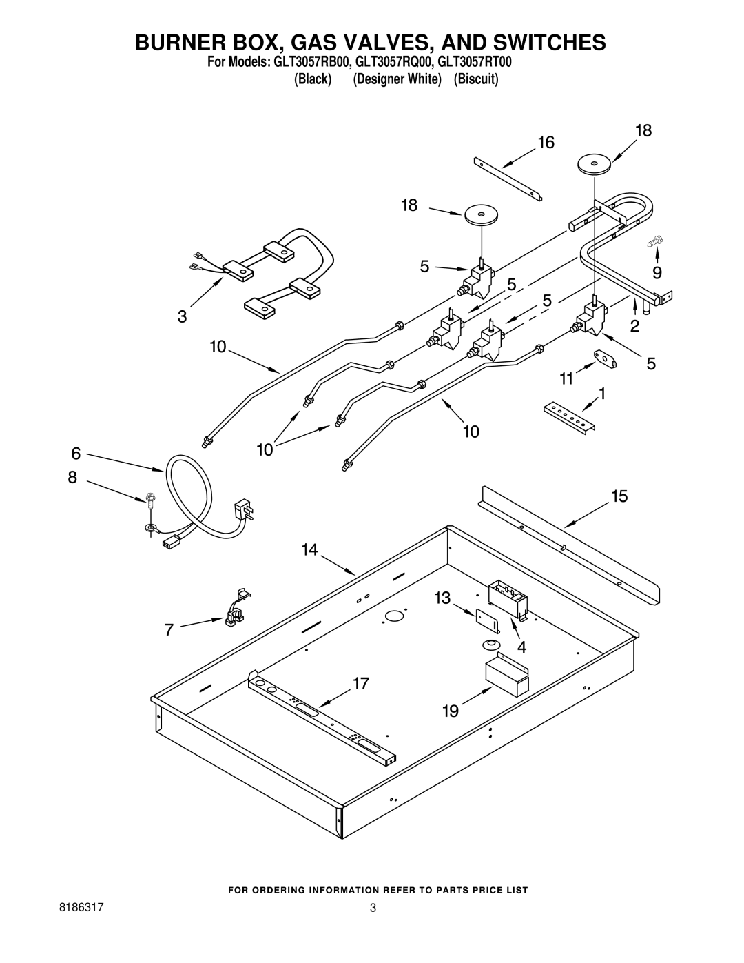 Whirlpool GLT3057RB00, GLT3057RQ00, GLT3057RT00 manual Burner BOX, GAS VALVES, and Switches 