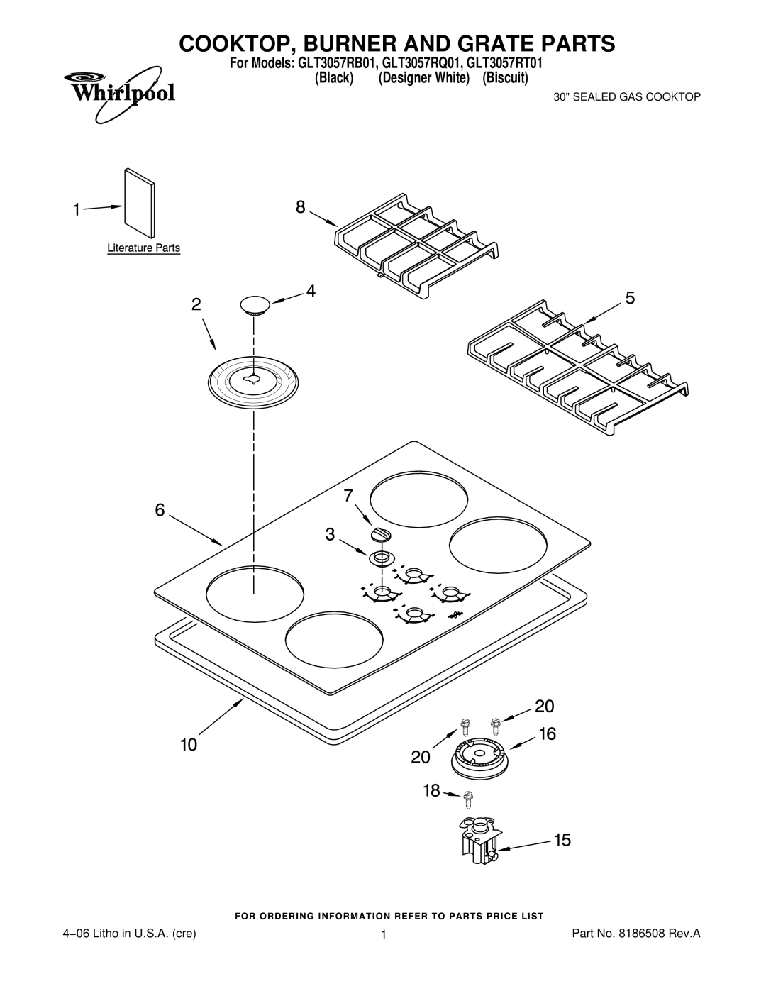 Whirlpool GLT3057RQ01, GLT3057RB01, GLT3057RT01 manual COOKTOP, Burner and Grate Parts 