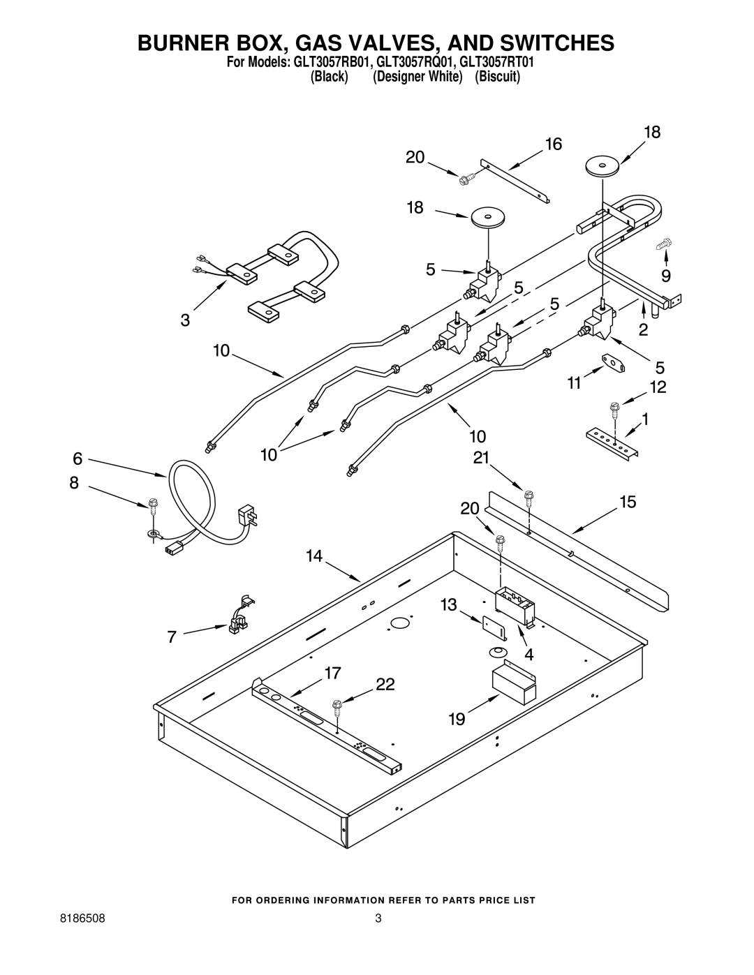 Whirlpool GLT3057RB01, GLT3057RQ01, GLT3057RT01 manual Burner BOX, GAS VALVES, and Switches 