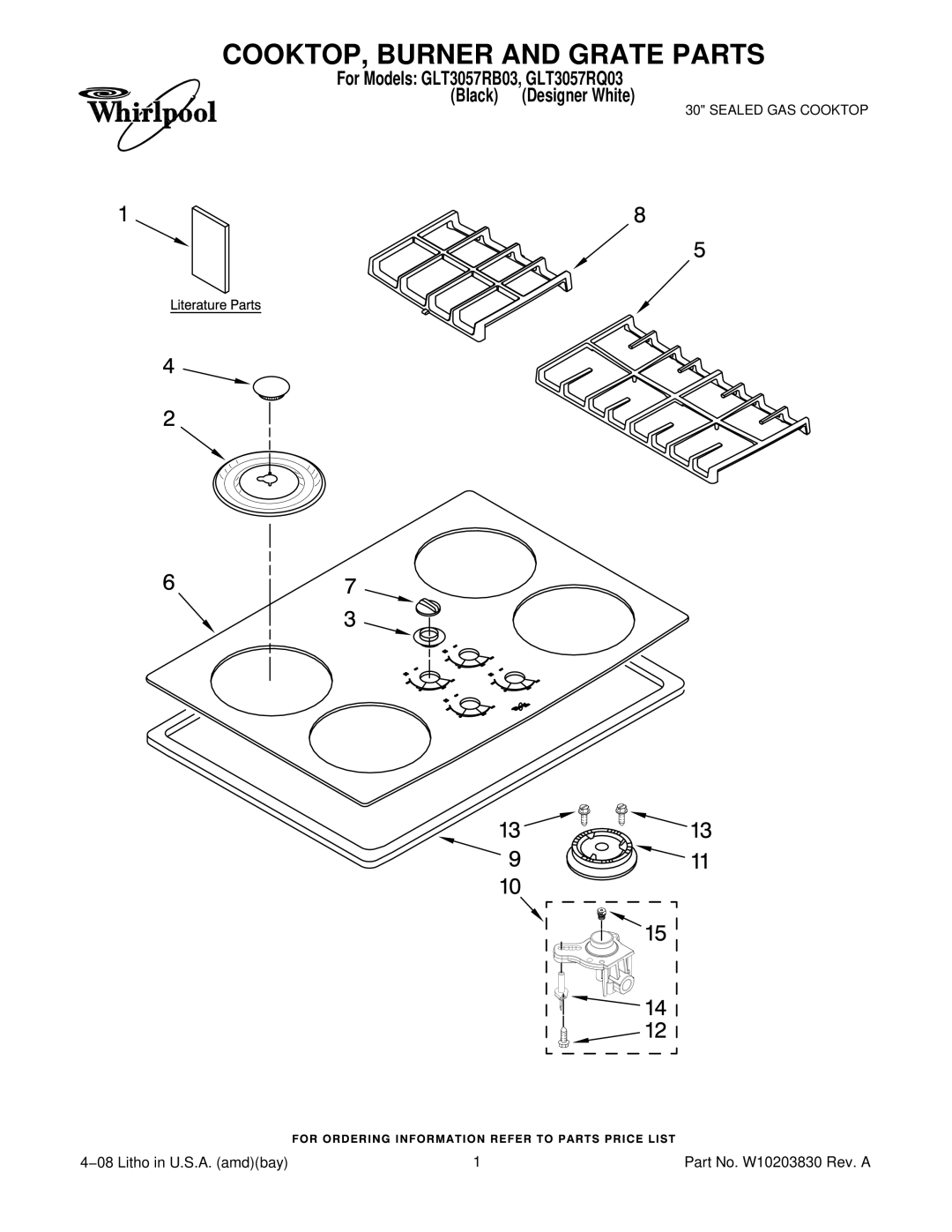 Whirlpool GLT3057RQ03, GLT3057RB03 manual COOKTOP, Burner and Grate Parts 