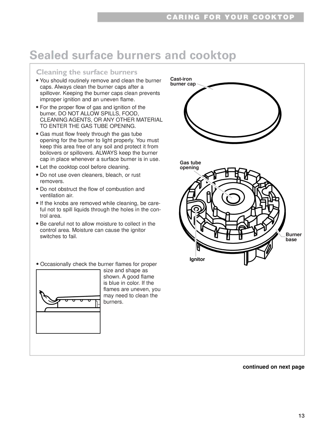 Whirlpool GLT3615G warranty Sealed surface burners and cooktop, Cleaning the surface burners 