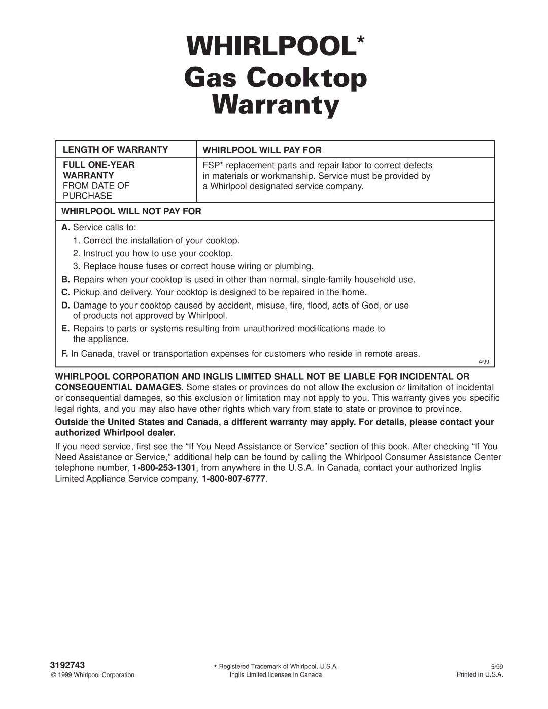 Whirlpool GLT3615G warranty Gas Cooktop, Warranty, FSP* replacement parts and repair labor to correct defects 