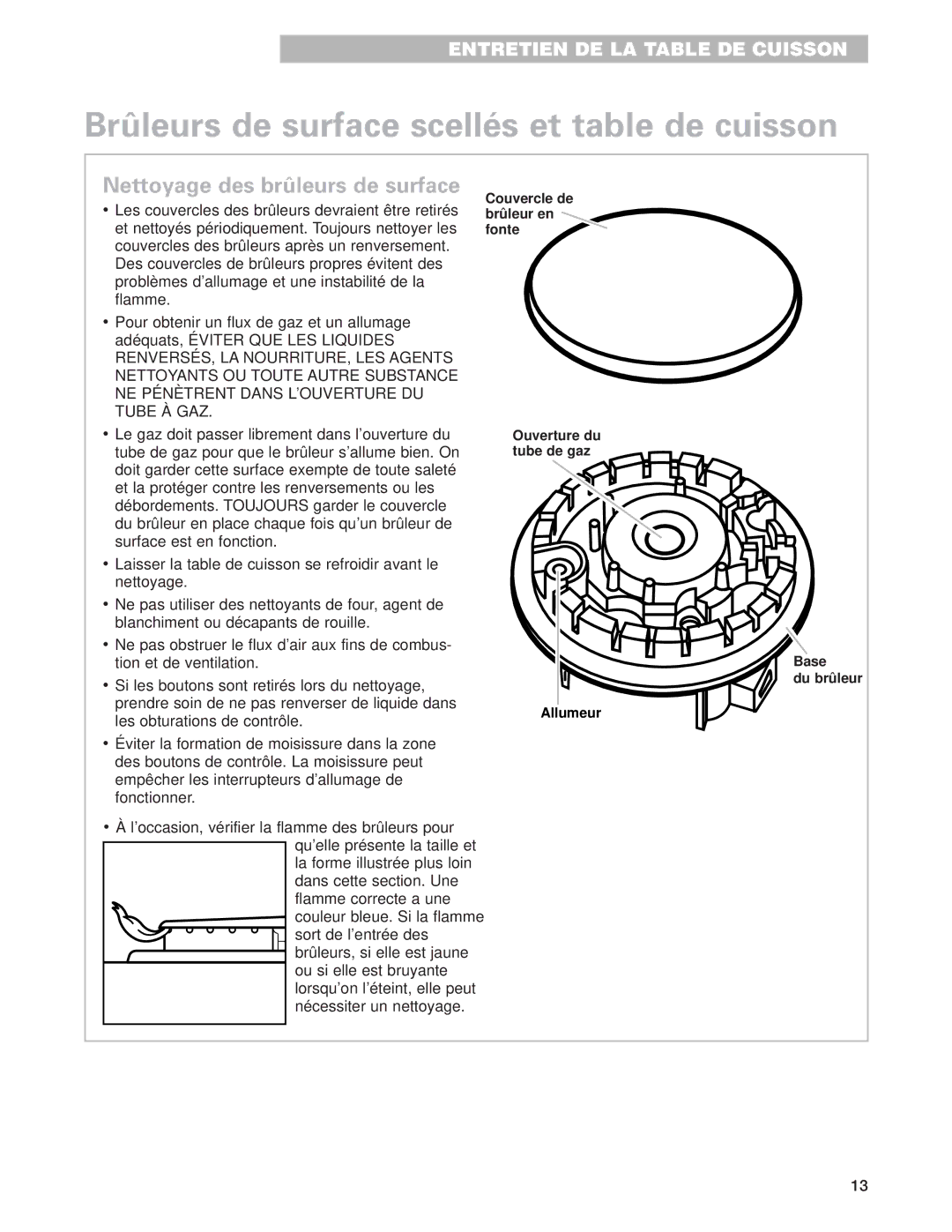 Whirlpool GLT3615G warranty Brûleurs de surface scellés et table de cuisson, Nettoyage des brûleurs de surface 