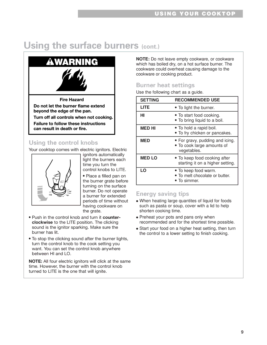 Whirlpool GLT3615G warranty Using the control knobs, Burner heat settings, Energy saving tips 