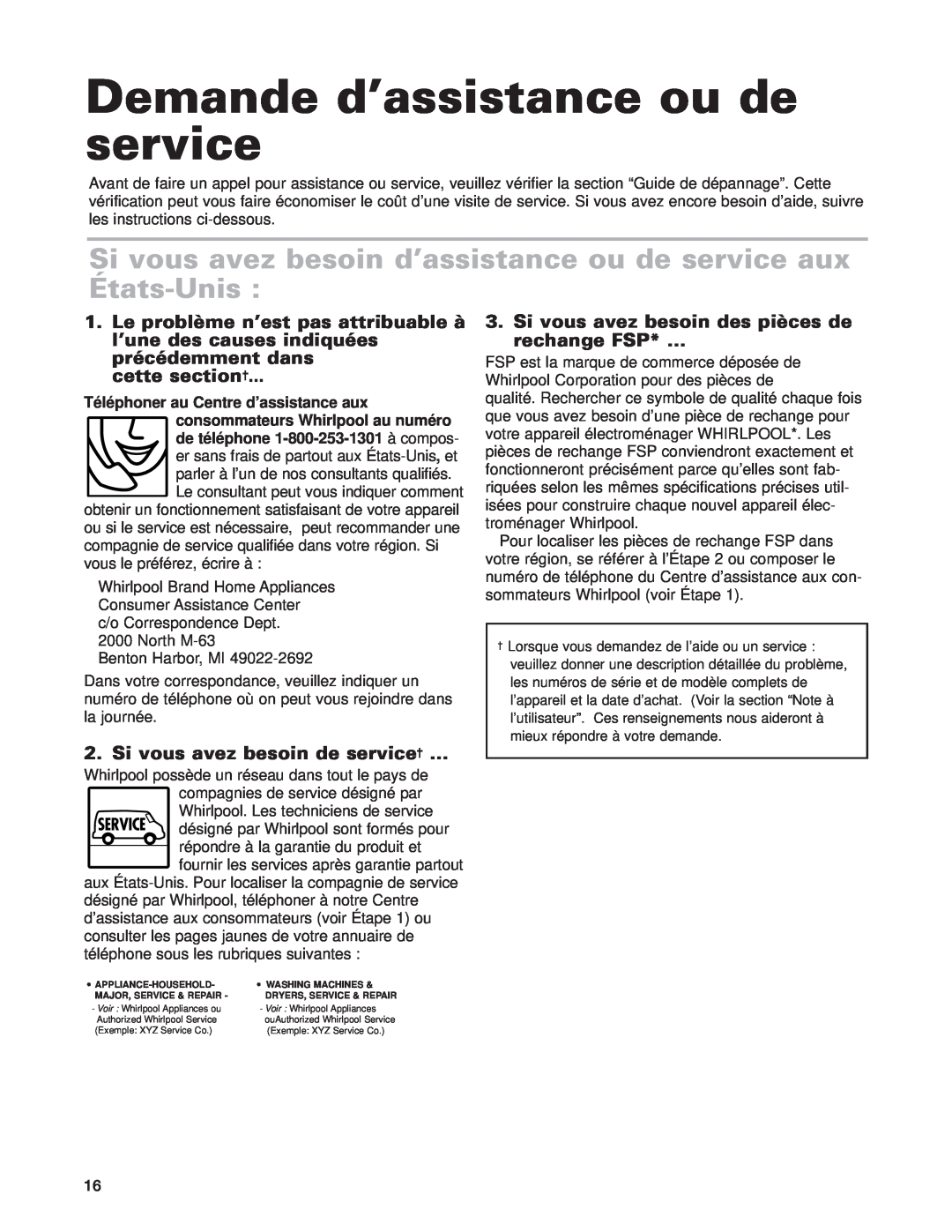 Whirlpool GLT3615G Demande d’assistance ou de service, Si vous avez besoin d’assistance ou de service aux États-Unis 