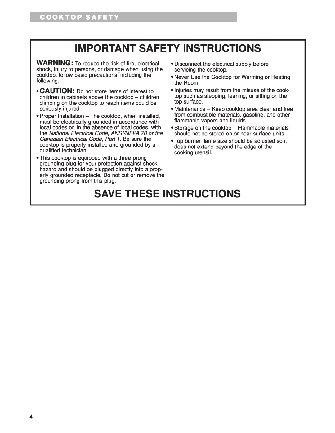 Whirlpool GLT3615G warranty Important Safety Instructions, Save These Instructions, Cooktop Safety 