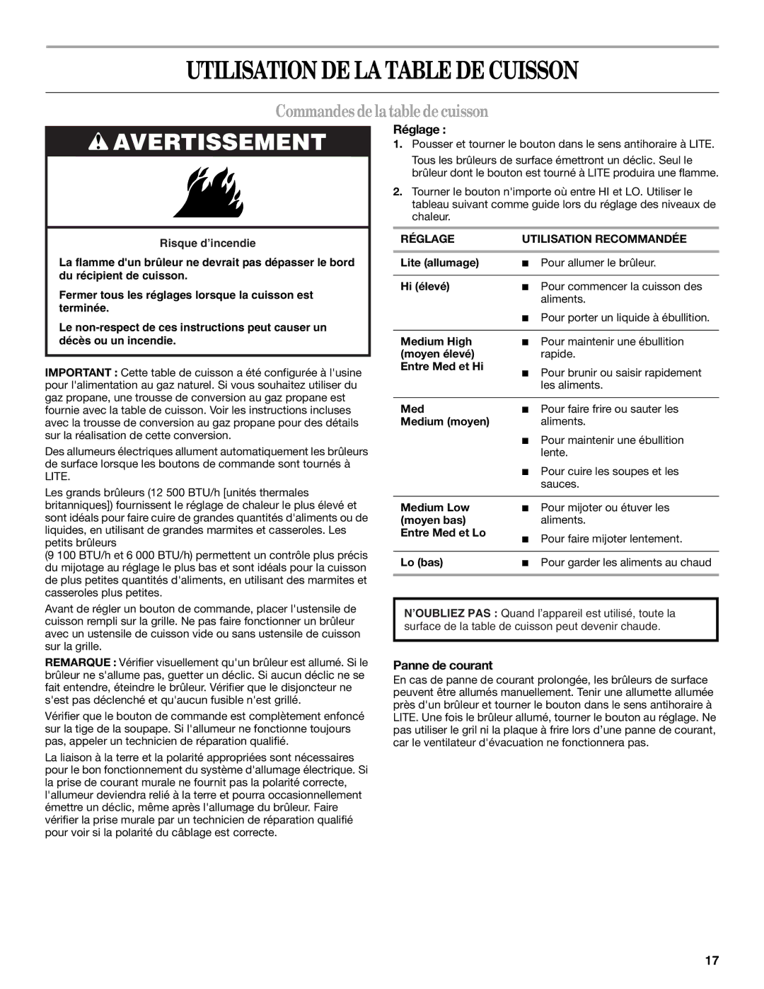 Whirlpool GLT3657RB manual Utilisation DE LA Table DE Cuisson, Commandes de la table de cuisson, Réglage, Panne de courant 