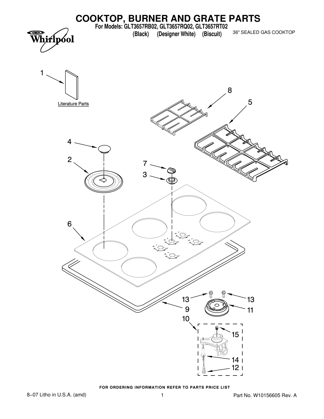 Whirlpool GLT3657RB02, GLT3657RQ02, GLT3657RT02 manual COOKTOP, Burner and Grate Parts 