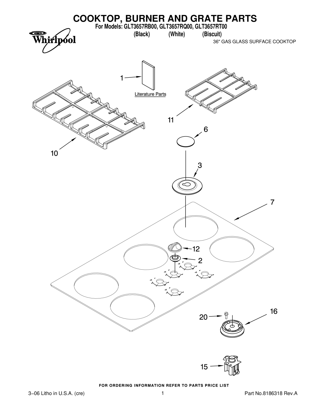 Whirlpool GLT3657RQ00, GLT3657RT00, GLT3657RB00 manual COOKTOP, Burner and Grate Parts 