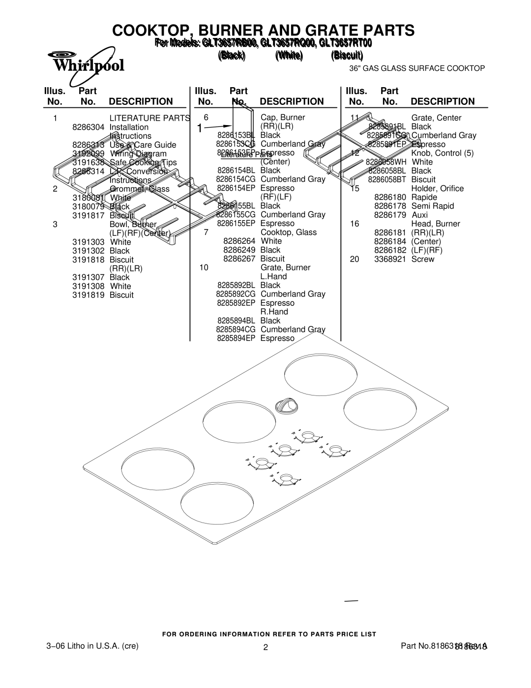 Whirlpool GLT3657RB00, GLT3657RT00, GLT3657RQ00 manual COOKTOP, Burner and Grate Parts, Description 