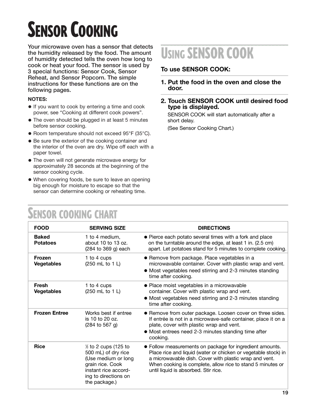 Whirlpool GM8155XJ installation instructions Sensor Cooking Chart, Food Serving Size Directions 