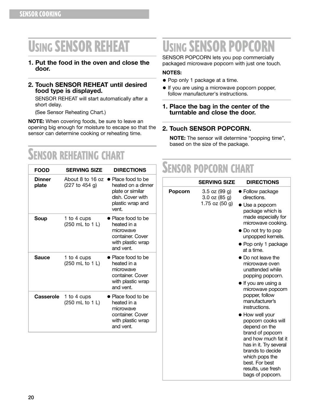 Whirlpool GM8155XJ installation instructions Serving Size Directions 