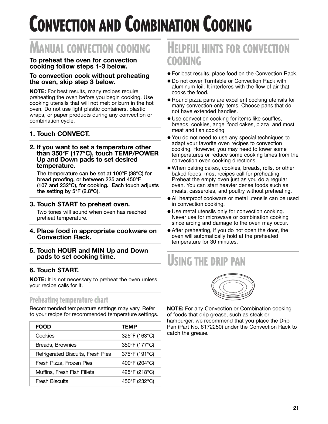 Whirlpool GM8155XJ Using the Drip PAN, Preheating temperature chart, Touch Start to preheat oven, Food Temp 