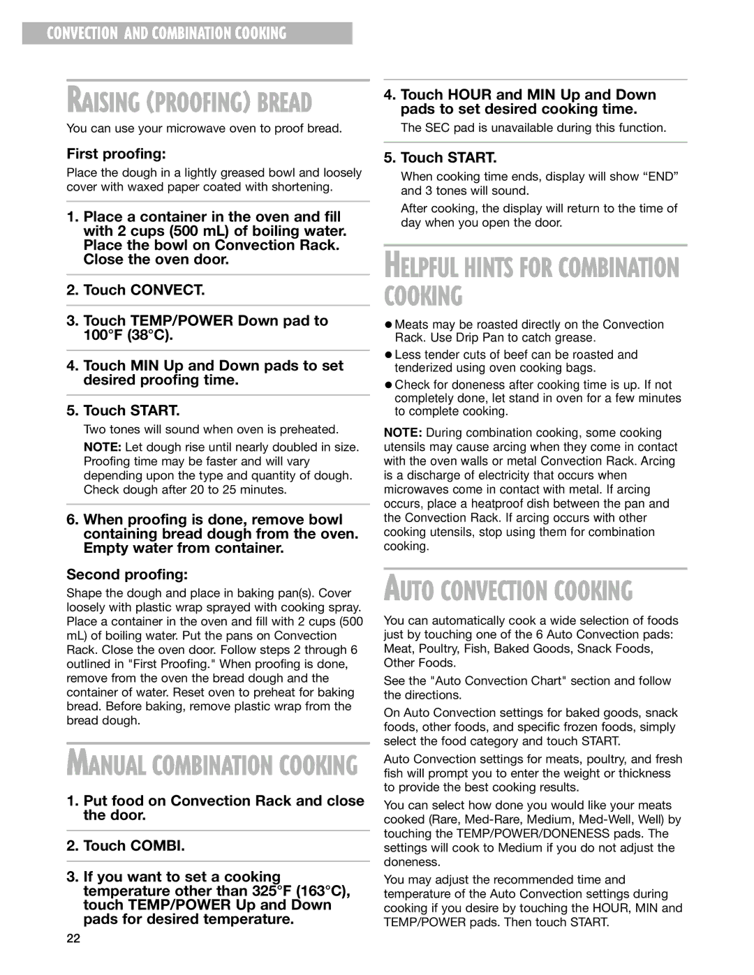 Whirlpool GM8155XJ installation instructions Raising Proofing Bread, First proofing 