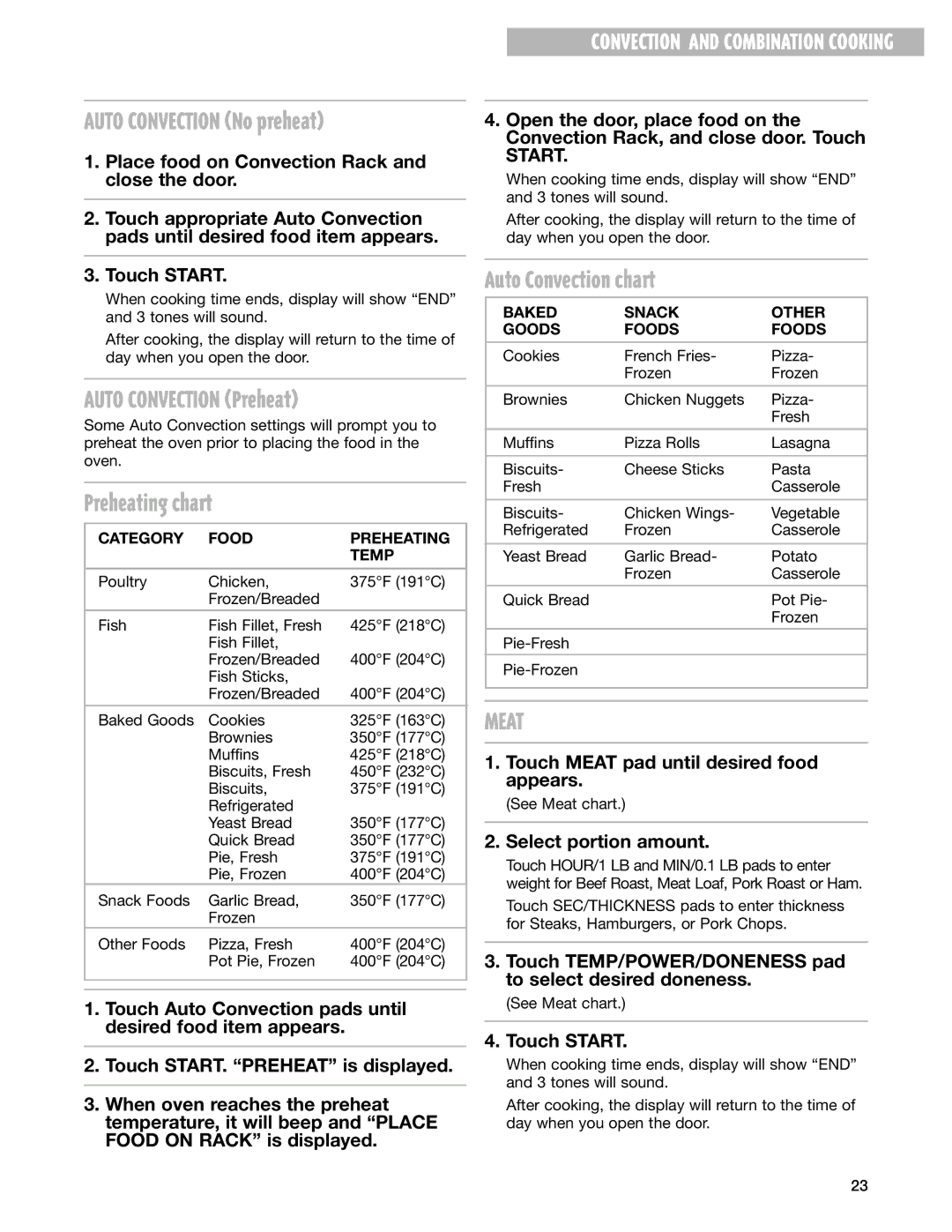 Whirlpool GM8155XJ installation instructions Auto Convection Preheat, Preheating chart, Auto Convection chart 