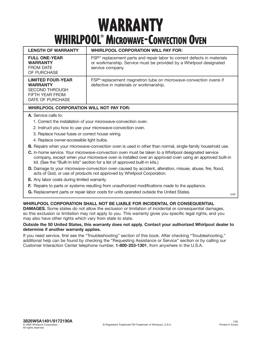 Whirlpool GM8155XJ installation instructions Warranty, Limited FOUR-YEAR, Whirlpool Corporation will not PAY for 