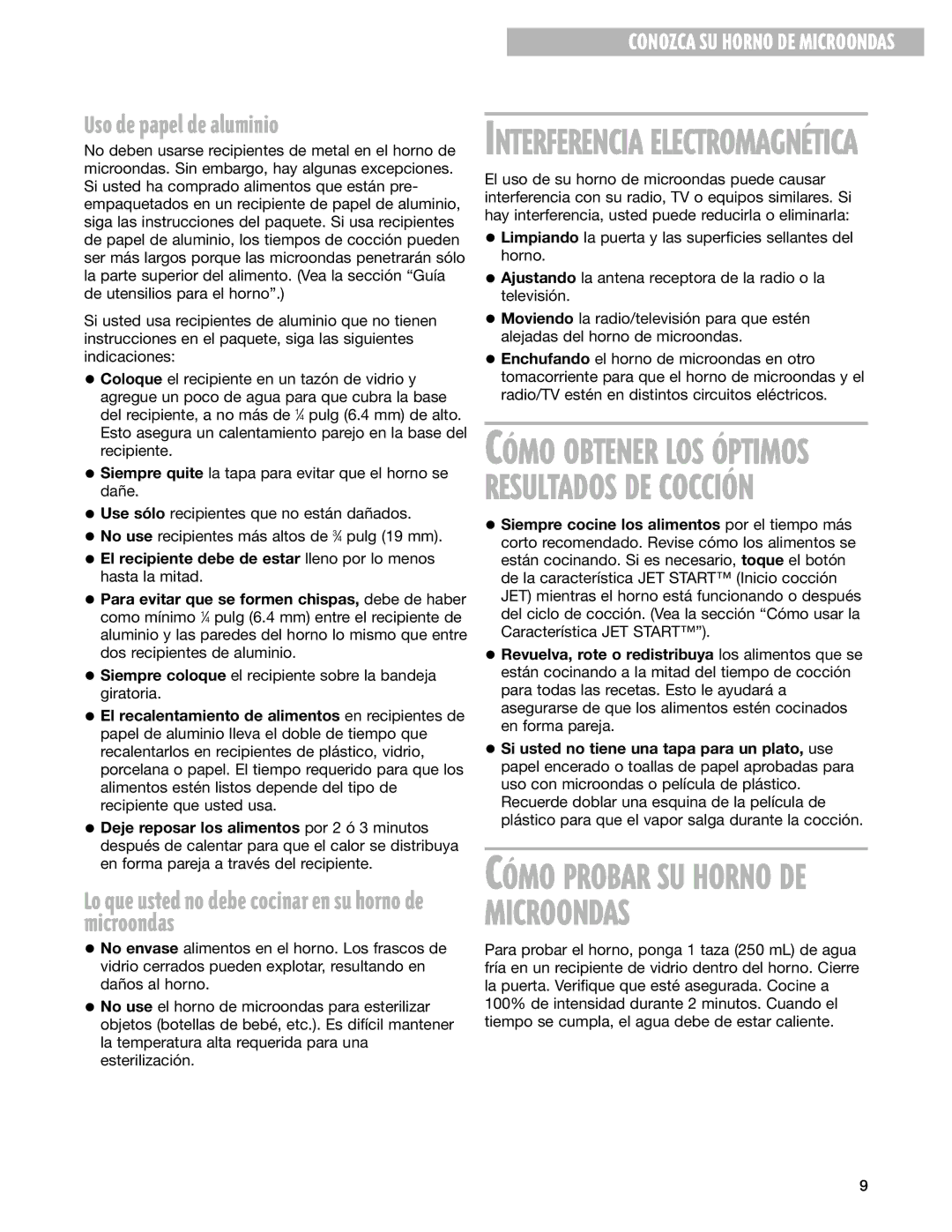 Whirlpool GM8155XJ Uso de papel de aluminio, Lo que usted no debe cocinar en su horno de microondas 