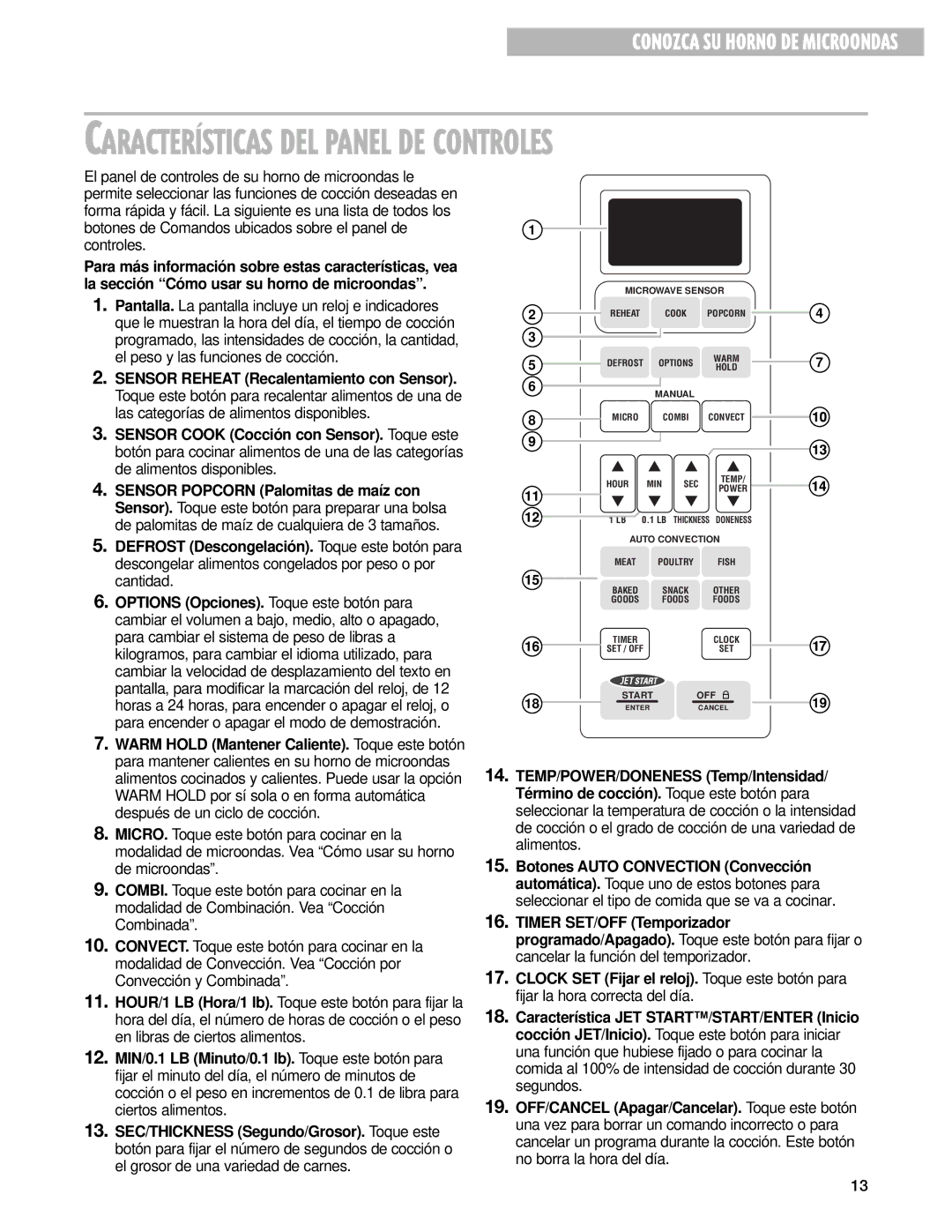 Whirlpool GM8155XJ installation instructions CARACTERêSTICAS DEL Panel DE Controles 