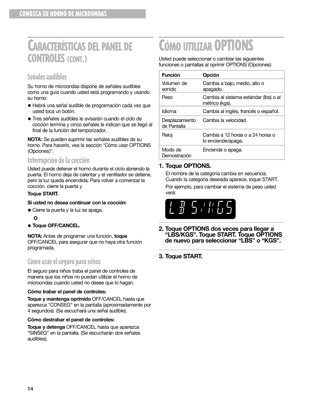 Whirlpool GM8155XJ installation instructions Se-ales audibles, Interrupci-n de la cocci-n, Toque Options, Toque Start 