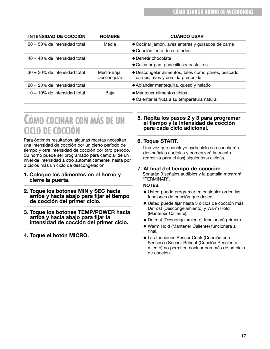 Whirlpool GM8155XJ installation instructions CîMO Cocinar CON MçS DE UN Ciclo DE COCCIîN, CîMO Usar SU Horno DE Microondas 