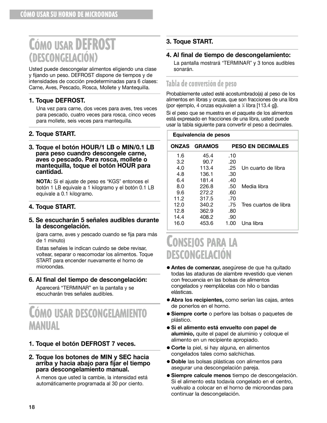 Whirlpool GM8155XJ installation instructions Consejos Para LA, Tabla de conversi-n de peso 