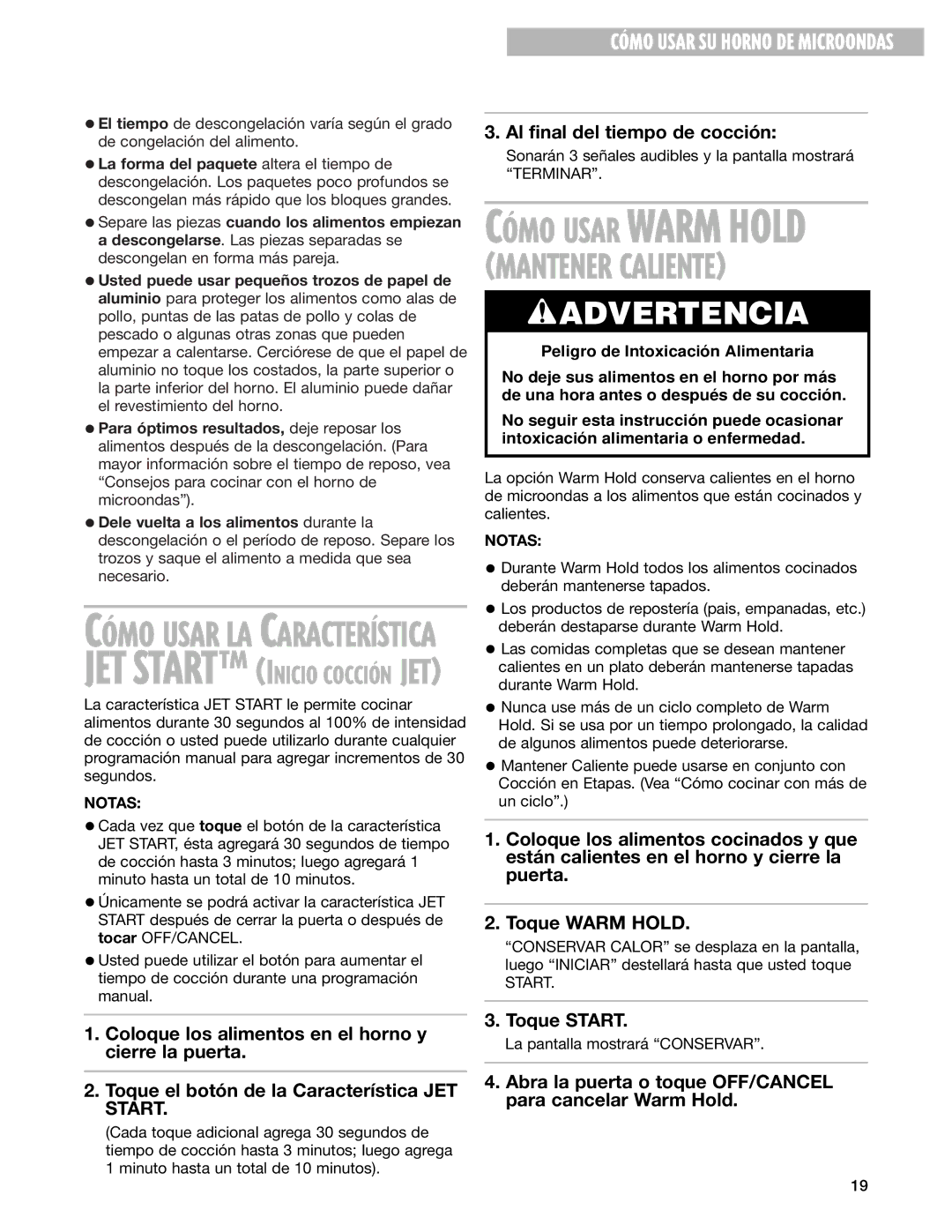 Whirlpool GM8155XJ installation instructions Abra la puerta o toque OFF/CANCEL para cancelar Warm Hold, Notas 