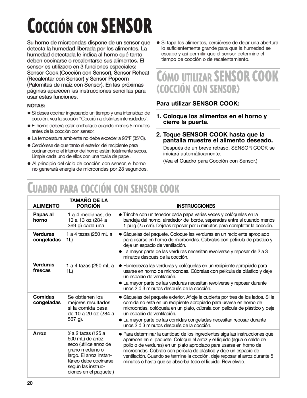 Whirlpool GM8155XJ installation instructions Alimento Tamaño DE LA Instrucciones Porción 