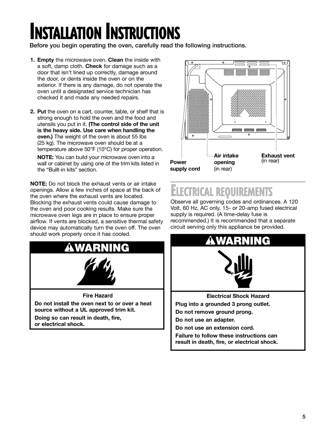 Whirlpool GM8155XJ Installation Instructions, Air intake Exhaust vent Power Opening Rear Supply cord 